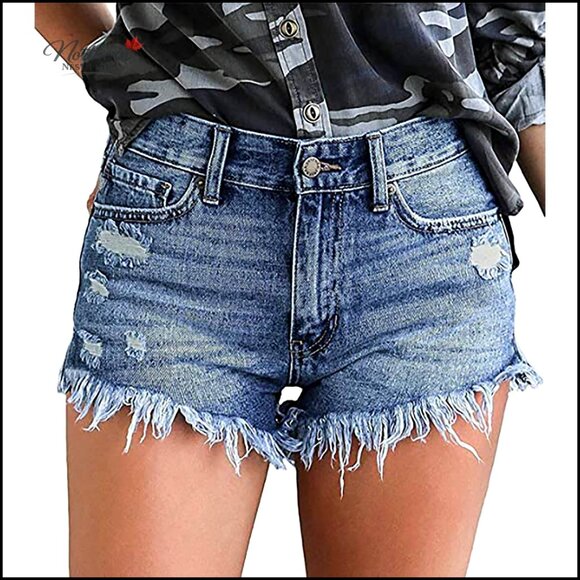 Mid Waist Denim Shorts Ripped Distressed Raw Hem Stretchy Casual Summer - Picture 5 of 6